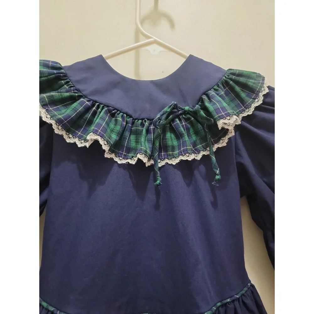 Vintage Mini World Provo Utah Girls 5 Navy Blue Lace Cottagecore Prairie Dress